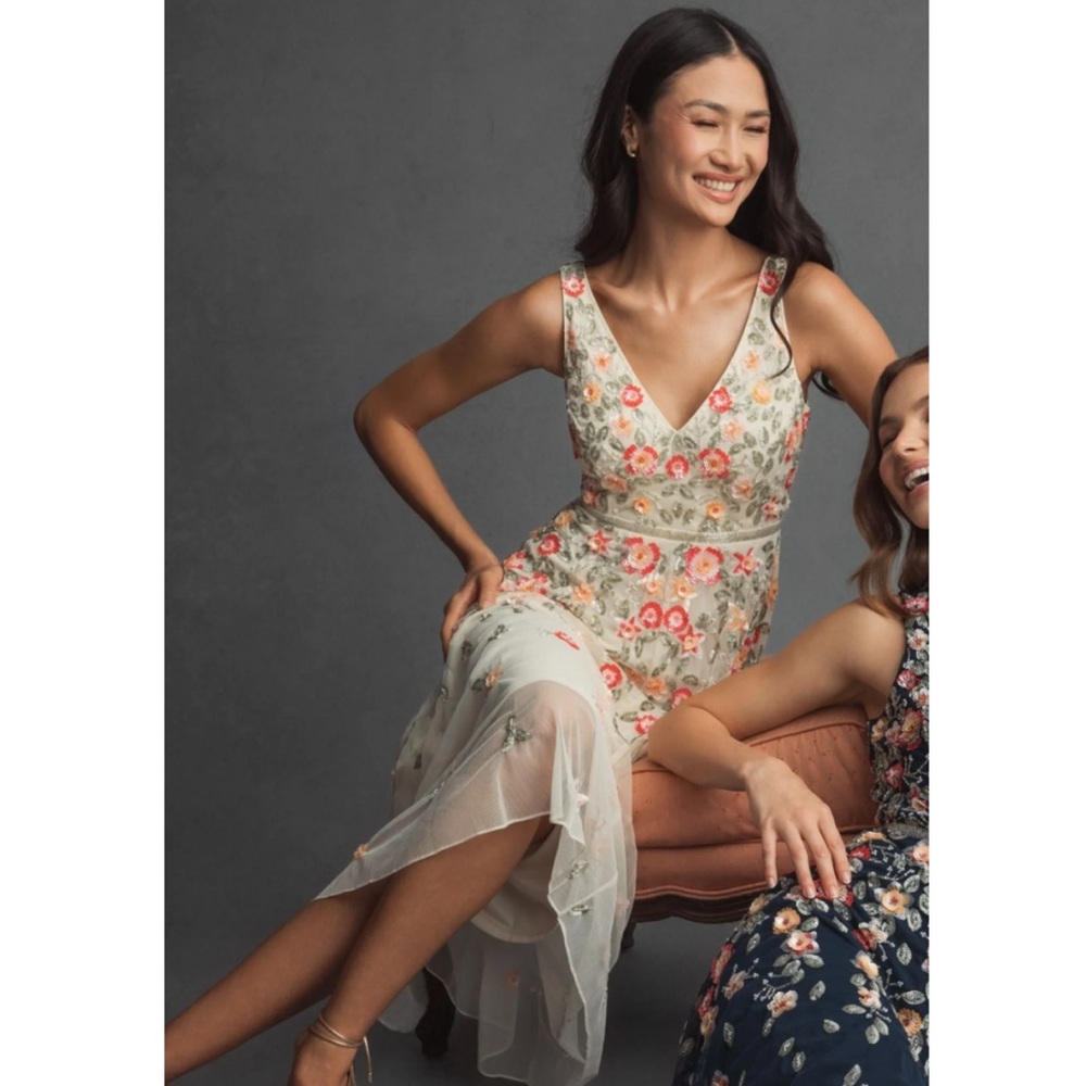 Mac Duggal White V-Neck Sleeveless Midi Floral Beaded A-line Dress